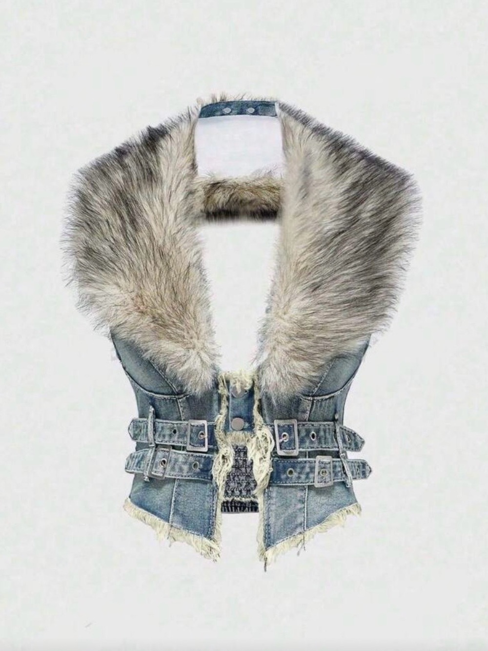 Faux Fur Collar Distressed Denim Vest with Buckle Details